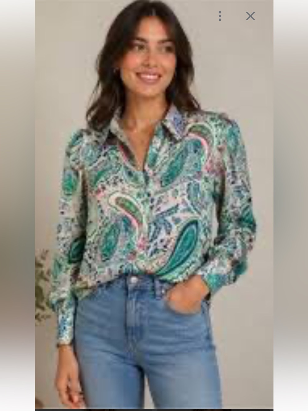 Zara Green & White Paisley Button-Down Blouse size S